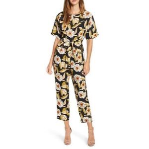 Leith- Women’s Black Art to Wear Floral Belted Jumpsuit Pantsuit, Size XL